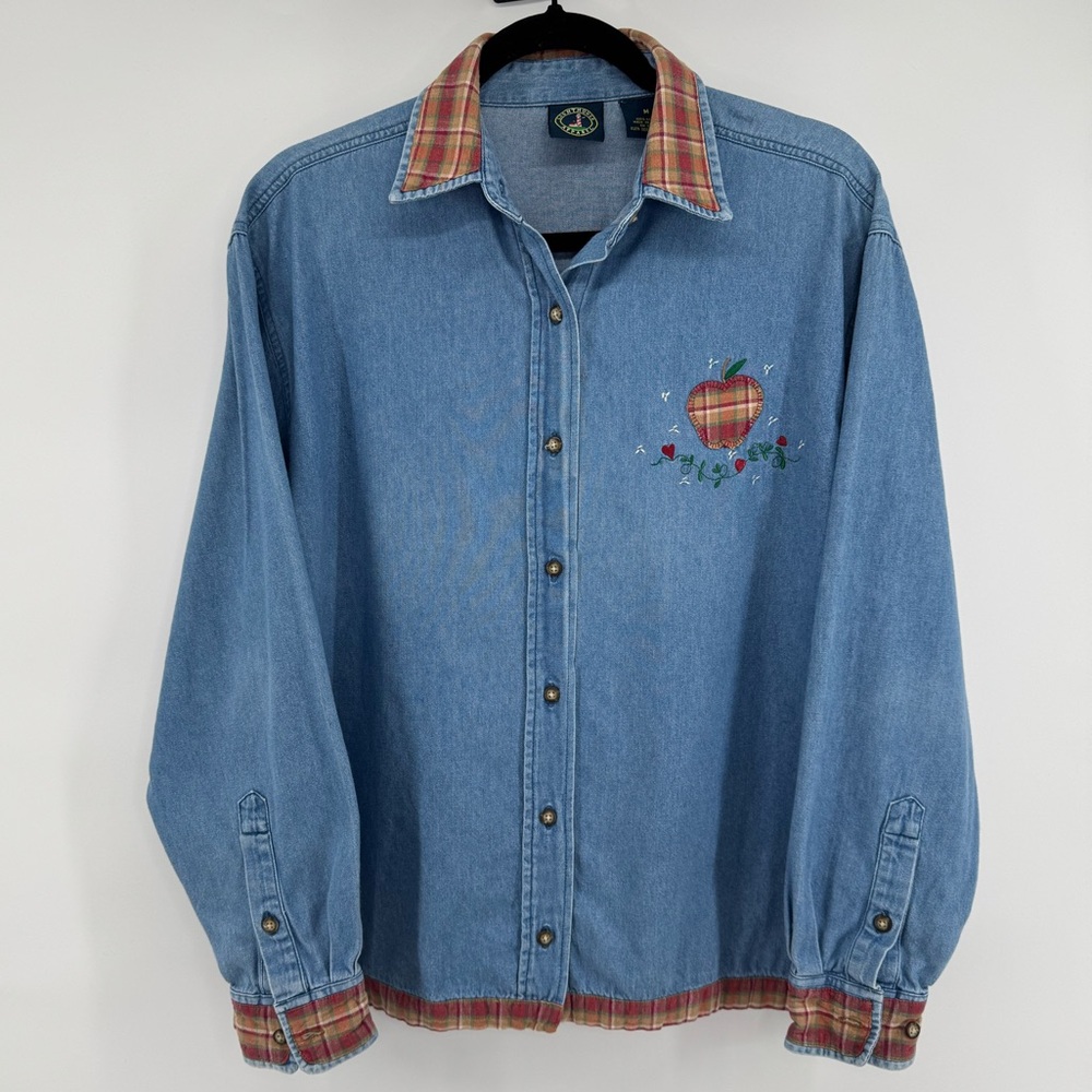 Vintage Lighthouse Chambray Denim Patch Work Butt… - image 2